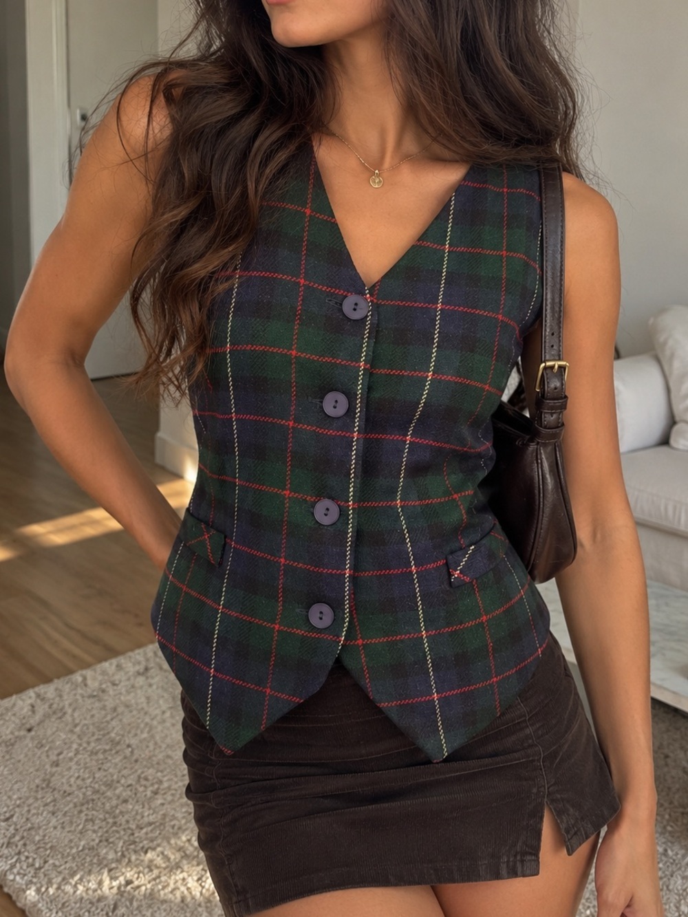 Vintage 90s Savannah Wool Plaid Tailored Vest Purple Satin Tie Back Large